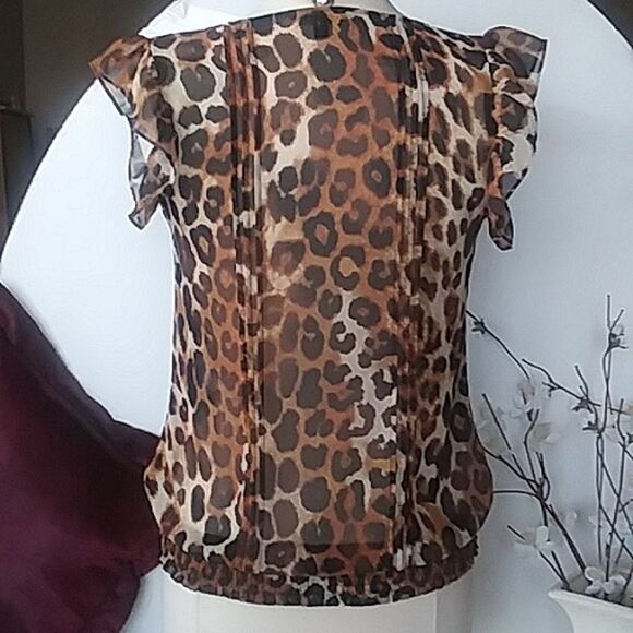 Express Blouse Top Y2K Frilly Flutter Leopard Cheetah Feminine Chiffon S… - Picture 7 of 13